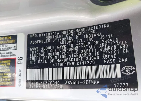 2014 Toyota Camry Le z USA, uszkodzony, nr VIN 4T4BF1FK9ER417320